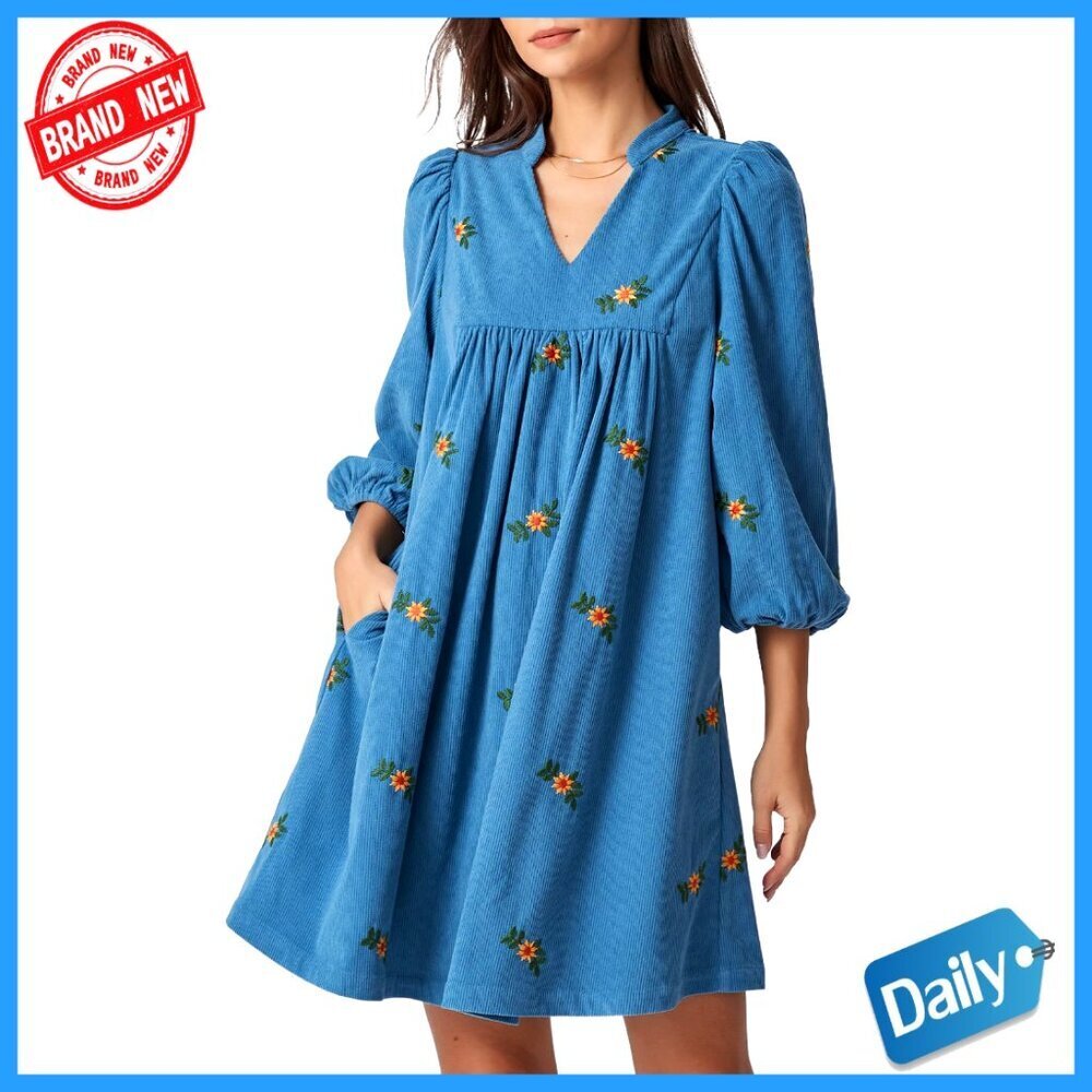 Corduroy Mini Dress with Embroidery Empire Waist Pockets Fall Winter